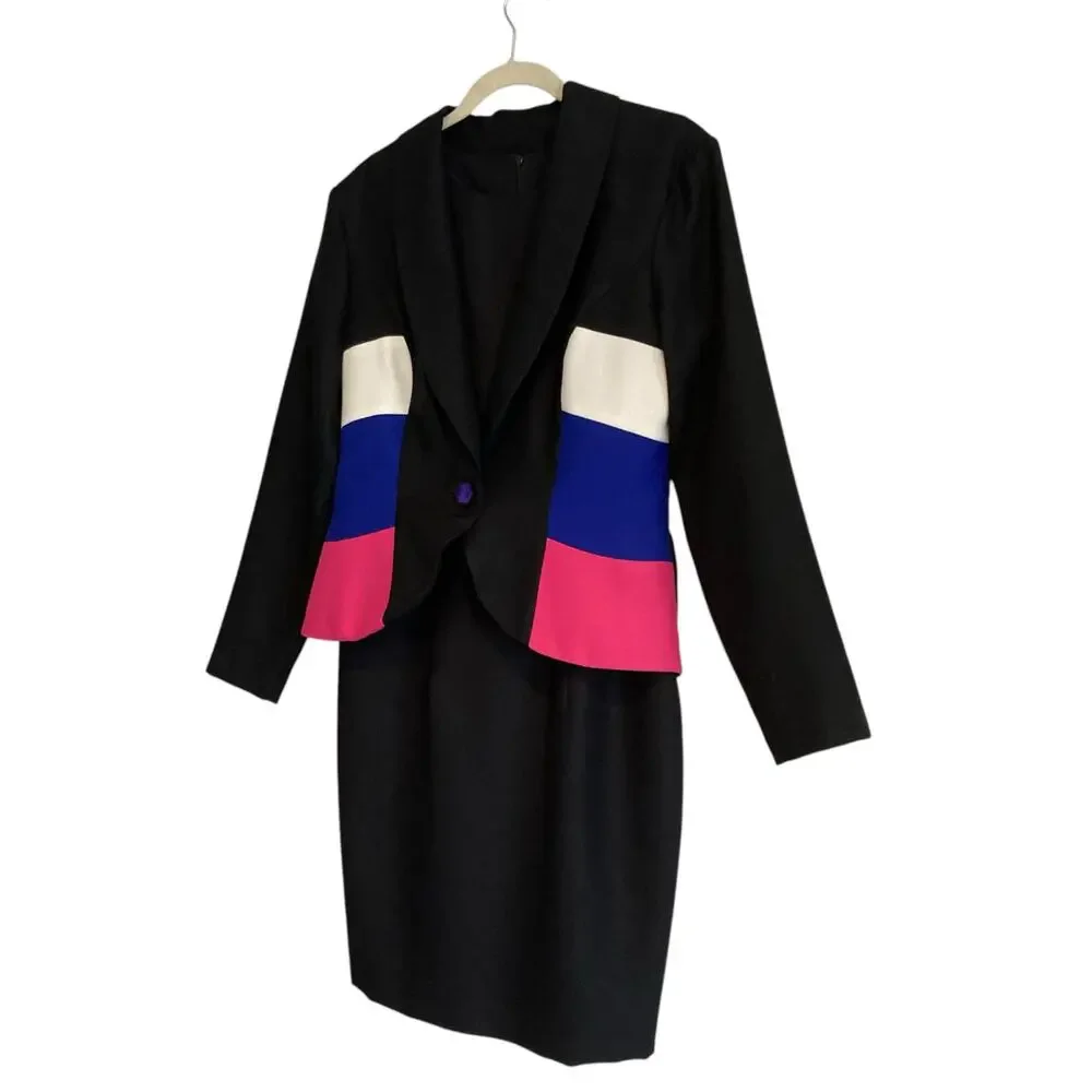 Vintage 80s Leslie Lucks Black Blue Stripe Button Blazer Sheath Dress Set Sz 10 - Picture 16 of 16
